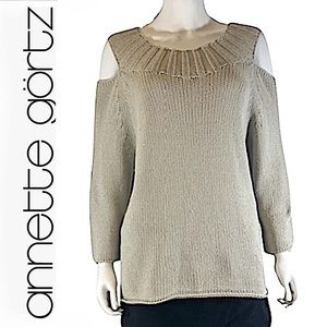 ANNETTE GORTZ. NWT. Quiet Luxury. Cold Shoulder Hand knit Sweater. Sandy Beige.L